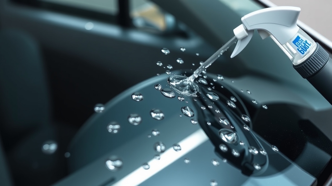 Glossy car glass after stain removal with water-repellent coating, water beads forming spheres on clean glass