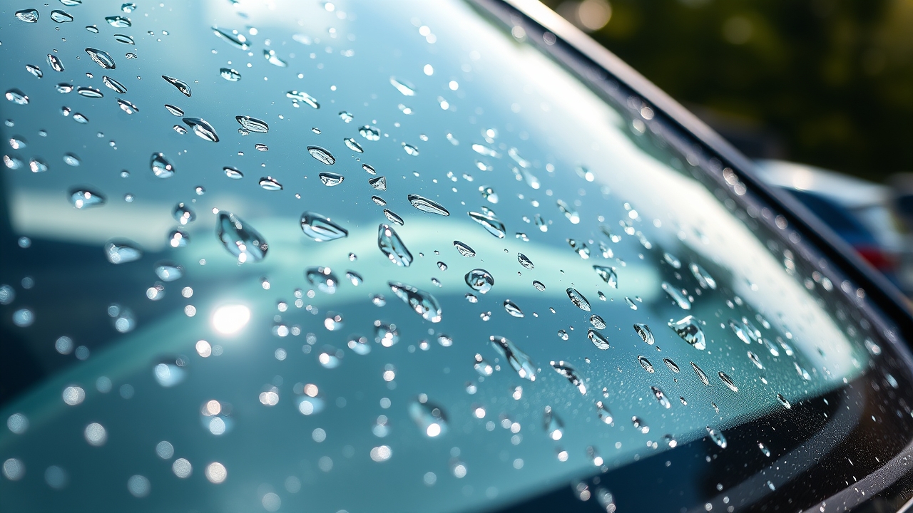 Car glass with effective water-repellent coating, droplets rolling smoothly without leaving marks, showing optimal water protection