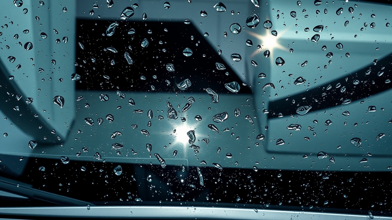 Glossy car glass after rain glass care, beaded water on the surface, effective water-repellent coating protecting driver visibility