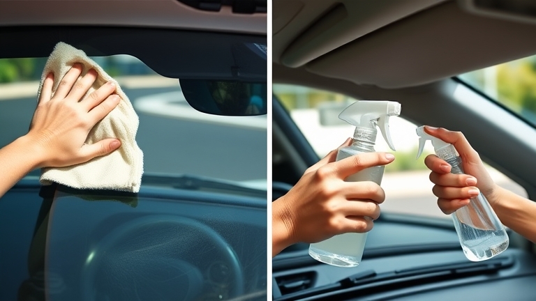 Step-by-step rainy-season glass care process: wipe glass with a soft towel, spray on stain remover, wipe clean for effective stain removal