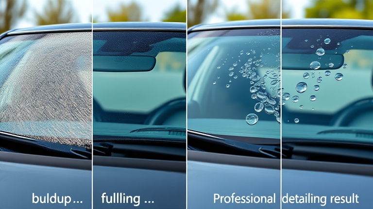Comparing rainy-season glass care results: heavily stained glass, partially clean, fully clean, and clean with NOMA 911's water-repelling coating