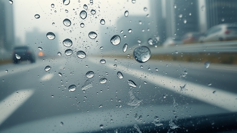 Rainwater spots on car glass, a grimy film reducing clarity, poor visibility from insufficient rainy-season glass care