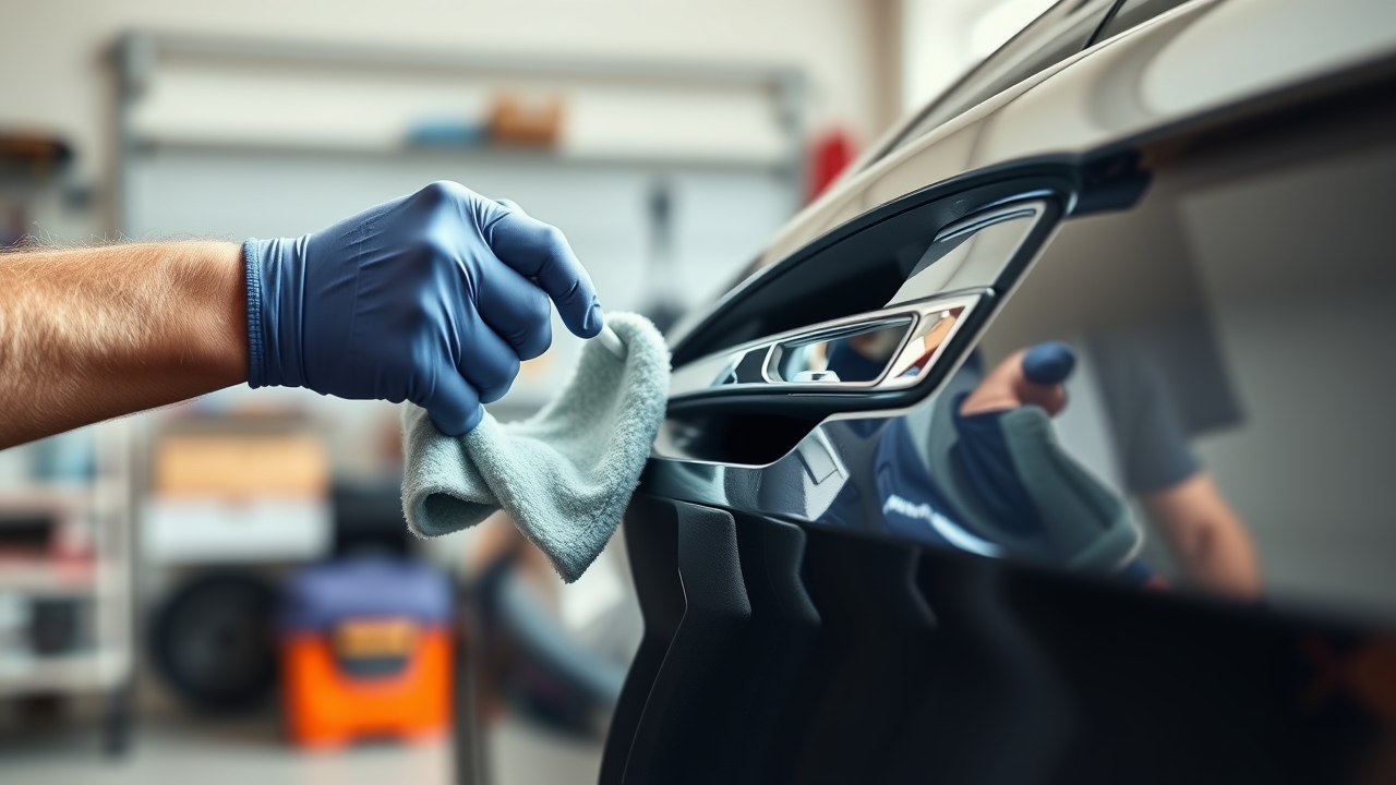 DIY car care at home: car owner applying textured plastic restorer to a car door with a microfiber cloth, well-lit and professional technique
