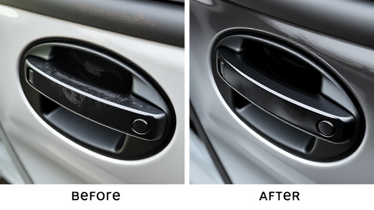 Before and after restoring car plastic trim: comparison photo of a door handle, dull plastic on the left, restored glossy plastic on the right, showing a clear difference.