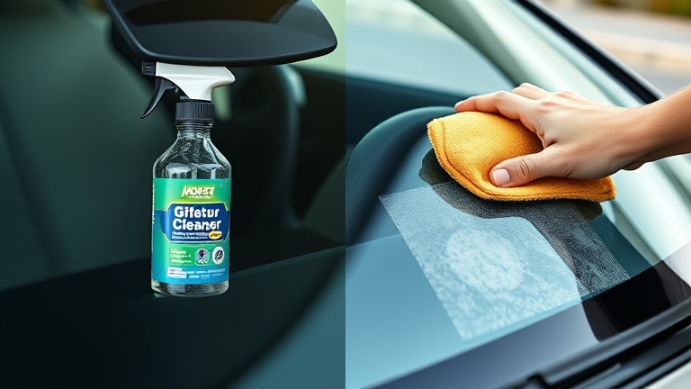 NOMA 911 applied to car glass to remove yellowing and clean the surface, creating a clear, glossy finish