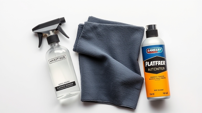 Dashboard cleaning supplies including a microfiber towel, distilled water in a spray bottle, and dedicated foam interior cleaner