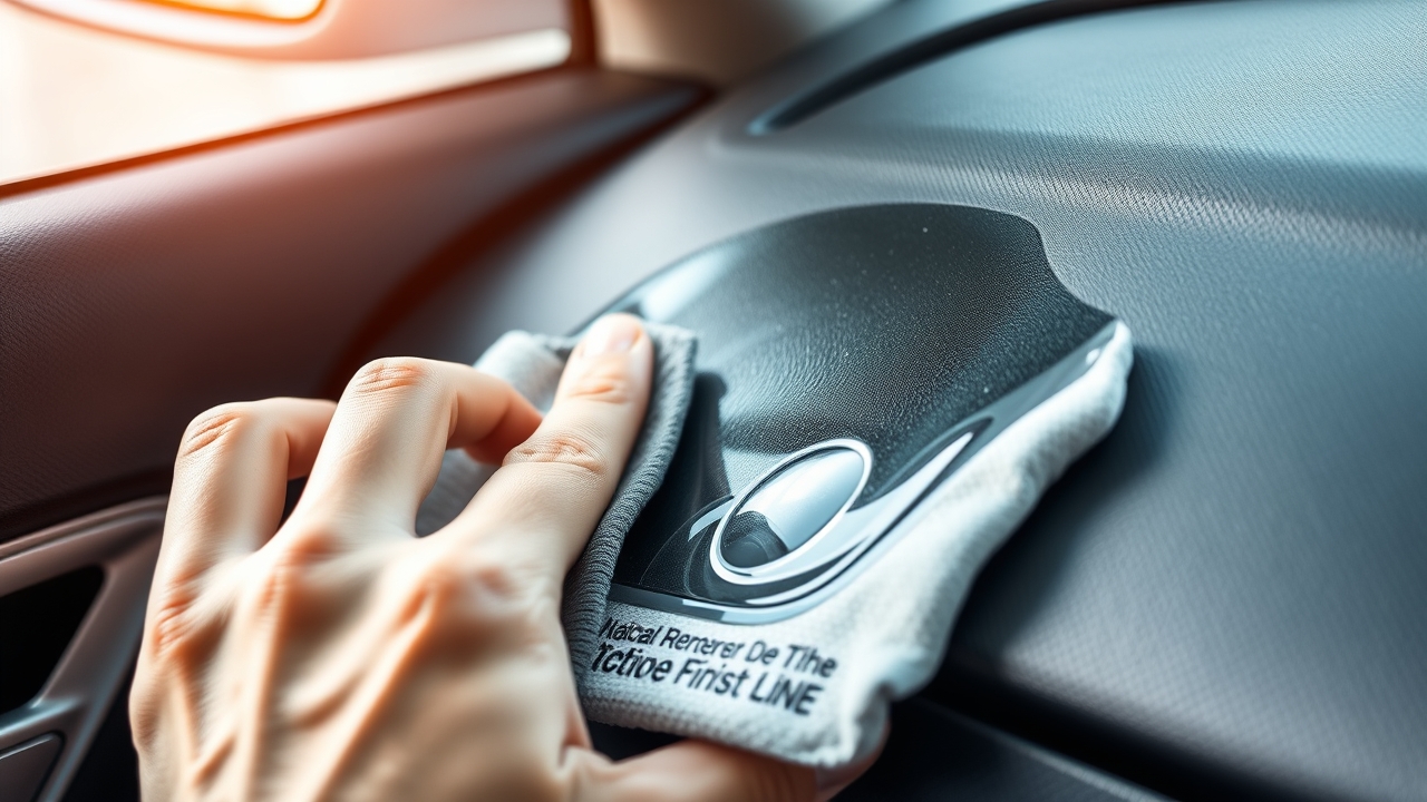 Conditioning a car dashboard with specialized product and microfiber cloth, gently wiping to restore natural shine