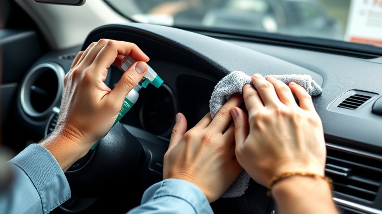 Proper dashboard conditioning technique: spraying and wiping with a microfiber cloth for a smooth, even finish