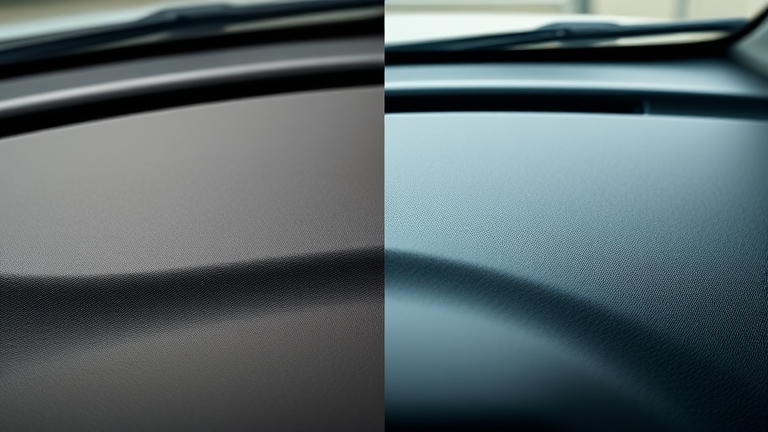 Comparing dashboard conditioning results between two products — a dry, faded surface versus a restored, glossy finish