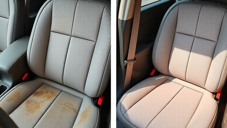 Before and after fabric car seat cleaning: a stained seat compared to a bright, clean seat after using NOMA 692