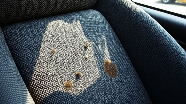 A dirty fabric car seat showing signs of staining, dust buildup, and marks from everyday use