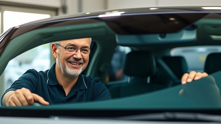 Car owner checking the results of a water-repellent glass coating — clear visibility, safer driving in the rain