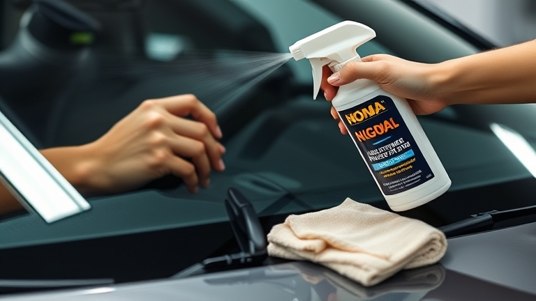 Applying NOMA 922 nano glass coating — spray evenly over clean glass and buff with a microfiber cloth