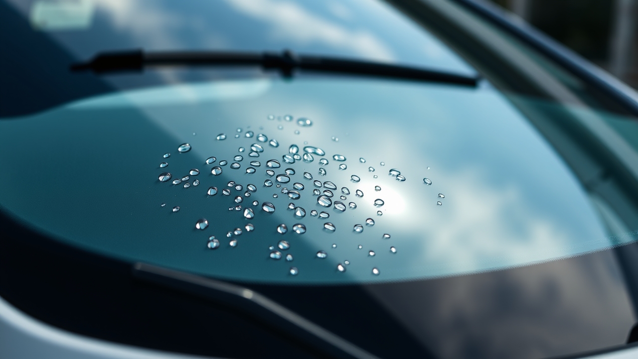 Car glass water-repellent coating with NOMA 911 forms round water droplets on the surface, showing excellent water repellency
