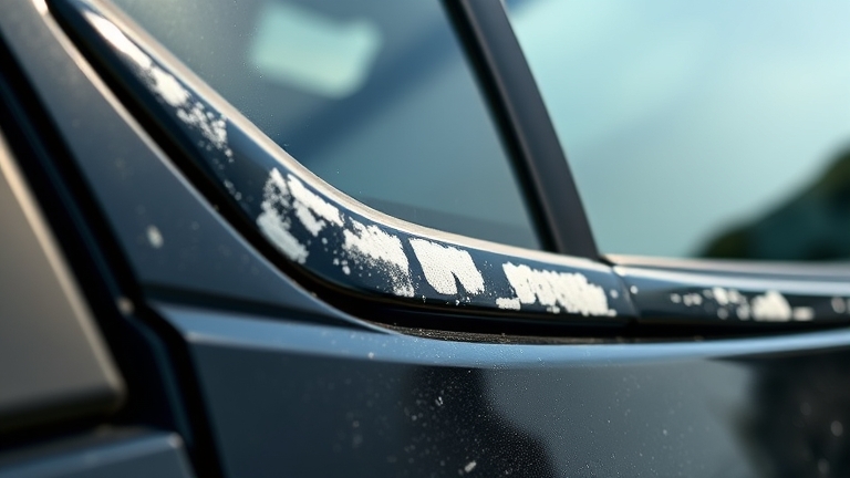 Faded black car trim caused by UV rays and weather exposure, showing visible gray-white streaks on door molding