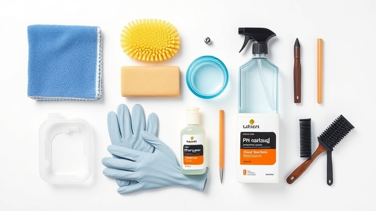 Tool and supply kit for restoring black plastic car trim, including neutral pH soap, a microfiber cloth, and a soft brush.