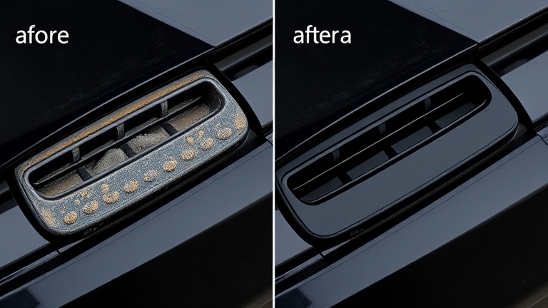 Before-and-after result of restoring black plastic car trim, showing the change from faded to glossy black.