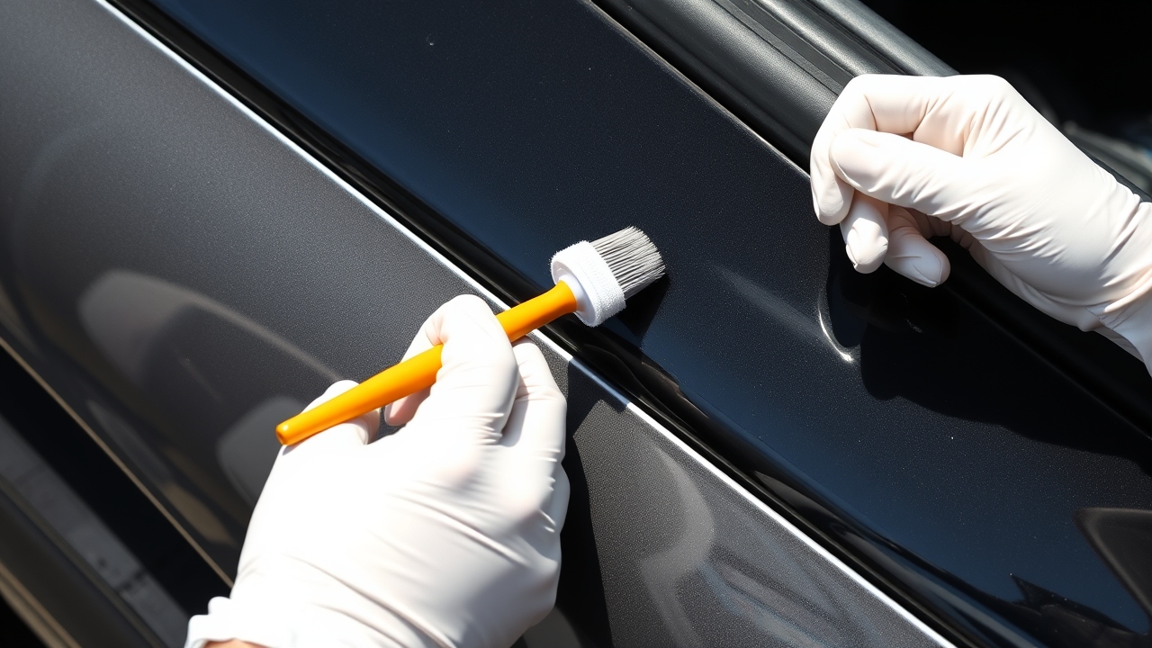 Detailed illustration of black car plastic restoration process using advanced solution, applying product with a specialized brush