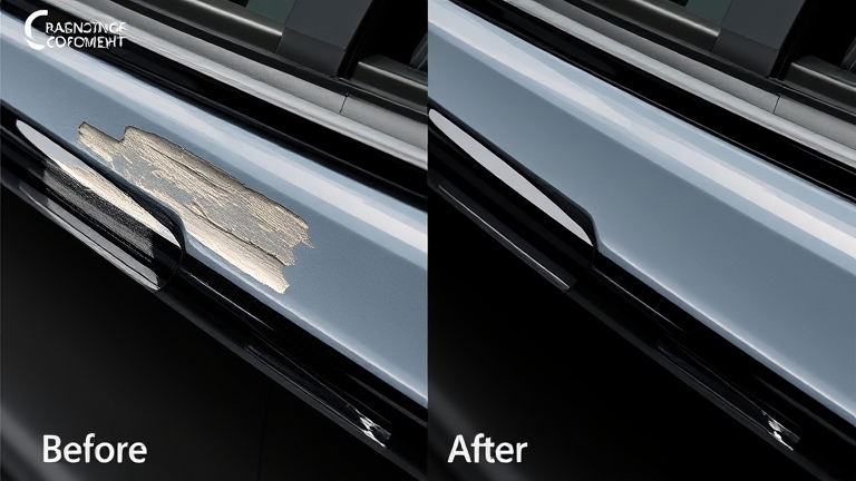 Before-and-after photo of black trim restoration: faded, dull vs glossy, restored