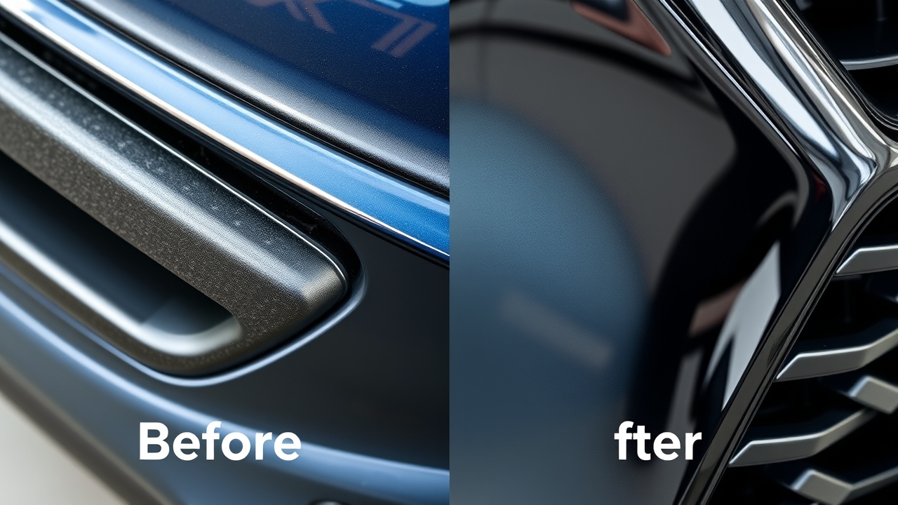 Before-after comparison of faded black car plastic restoration - oxidized gray plastic next to glossy black plastic restored with NOMA 250