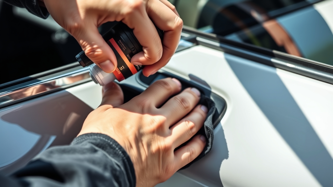 Illustration of restoring faded black car plastic with a specialized solution, expert's hand rubbing product onto the plastic surface