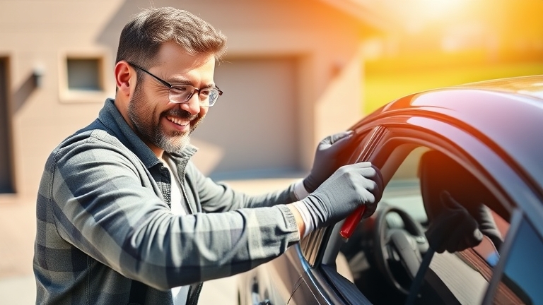 Car owner restoring black trim at home, applying an easy and effective car care product