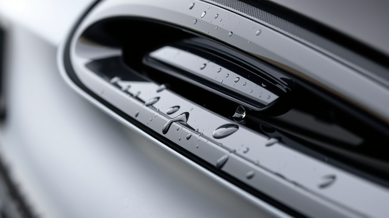 Close-up of restored glossy black car trim, showing deep black color and water-repellent effect after care product use
