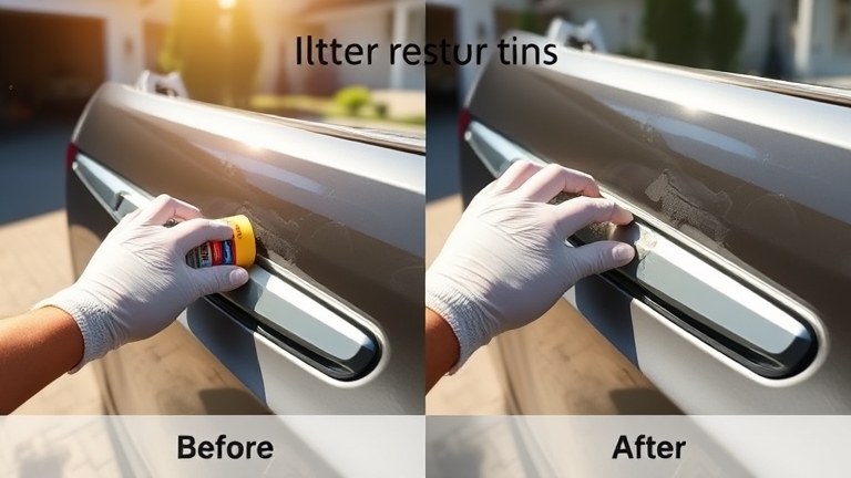Step-by-step black trim restoration at home — a gloved hand applying restorer to a car's plastic trim using proper technique