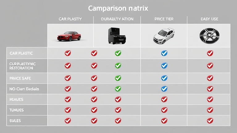 Visual comparison chart of effectiveness, price, durability, and ease of use for black trim restorers — a product rating table