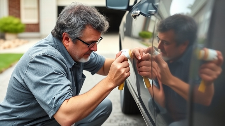 A car owner doing DIY trim restoration at home: spraying restorer onto a wheel arch or side molding, an easy weekend job.
