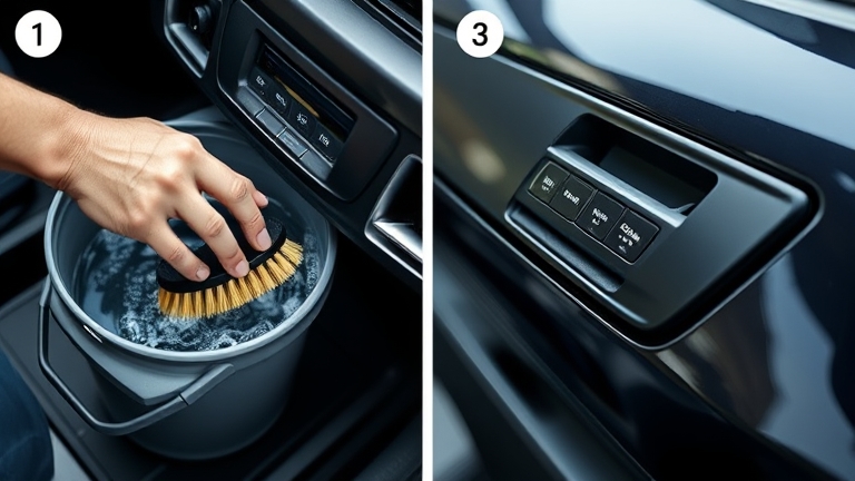 Washing black plastic trim with a pH-neutral cleaner and gently scrubbing with a soft brush, ready for restoration.