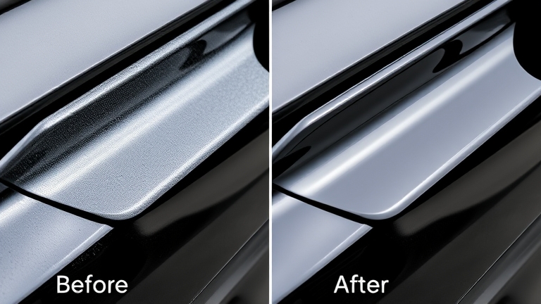 Before-and-after result of restoring black plastic trim with NOMA 250, clearly showing the difference between the faded surface and the glossy, like-new finish.