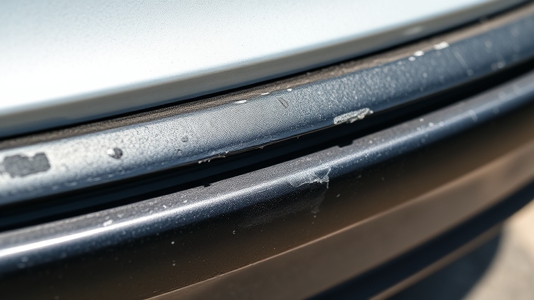 Oxidized, faded black car trim that's lost its shine after prolonged sun exposure