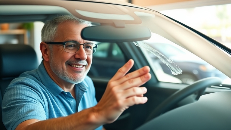 Car owner checking the water-repellent coating on glass after removing stains with NOMA 911, glass looking glossy with water beading into round droplets