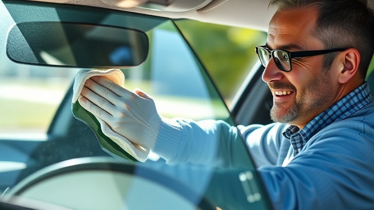 Car owner cleaning hard water stains off glass at home with NOMA 911 — easy, safe, and effective