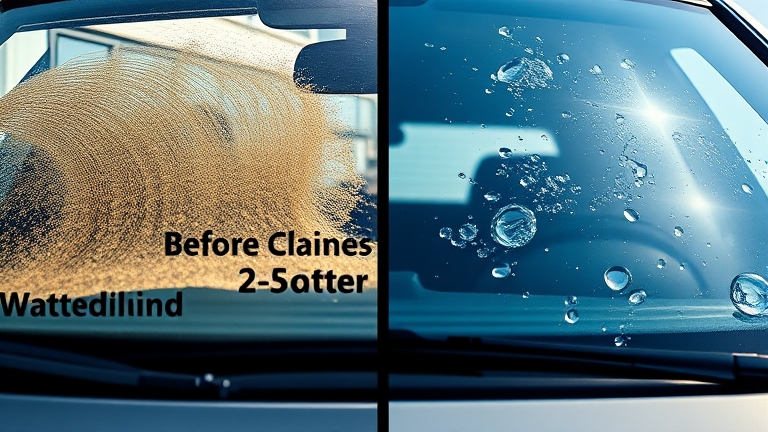Before-and-after comparison — stained, water-spotted glass versus glass that's crystal clear after treatment with NOMA