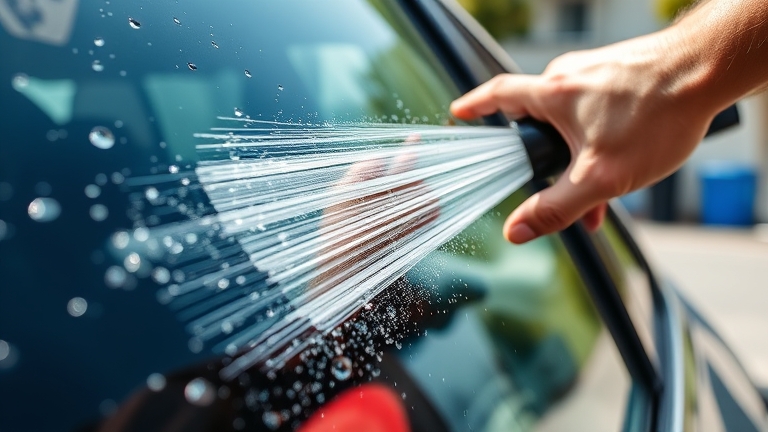 Rinsing car glass with water before treatment, removing dirt and prepping the surface