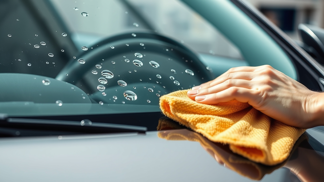 Removing water stains from car glass with a microfiber cloth, showing water-repellent coating effect on clear glass