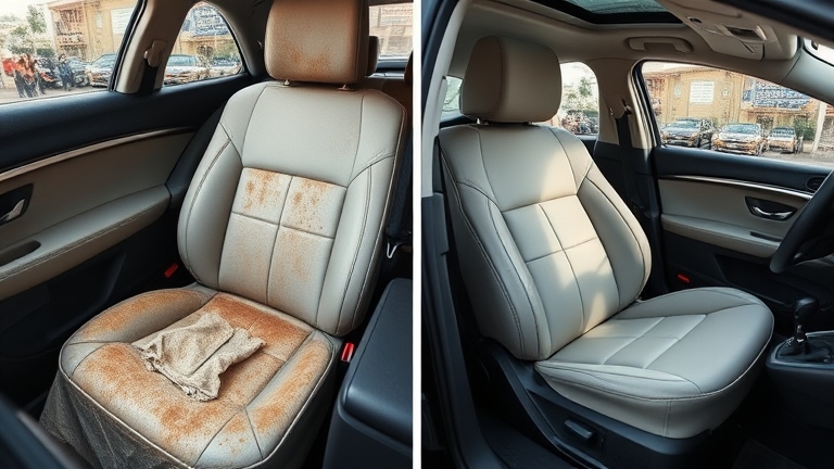 Before-and-after interior cleaning comparison: a dirty seat on the left, a spotless restored seat on the right, same angle, showing a clear improvement
