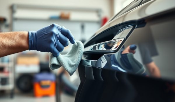 DIY car care at home: car owner applying textured plastic restorer to a car door with a microfiber cloth, well-lit and professional technique