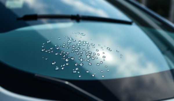 Car glass water-repellent coating with NOMA 911 forms round water droplets on the surface, showing excellent water repellency