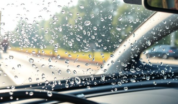 Car glass with water-repellent coating shows a clear beading effect, round glossy water droplets on the surface