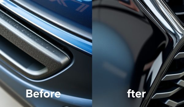 Before-after comparison of faded black car plastic restoration - oxidized gray plastic next to glossy black plastic restored with NOMA 250